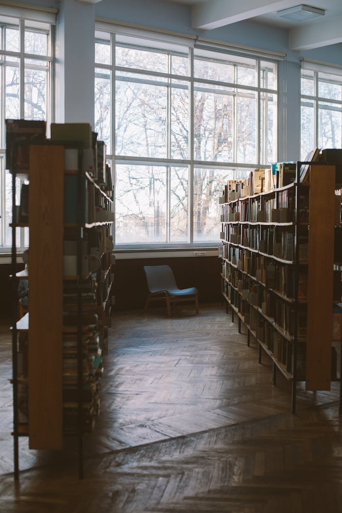 Quiet library with wooden bookshelves and a single chair by large windows